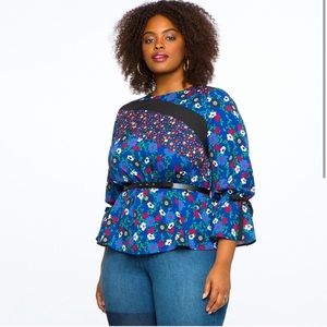 Eloquii Size 16 Women's Top Floral Cottagecore Tie Sleeve Blouse Shirt